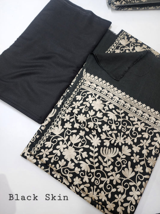 Pashmina 3 Piece Suit | Embroidered Shawl with Plain Suit Marina | Black Skin