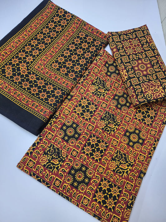Ajrak Cotton 3 Piece Unstitched Suit Block Printed