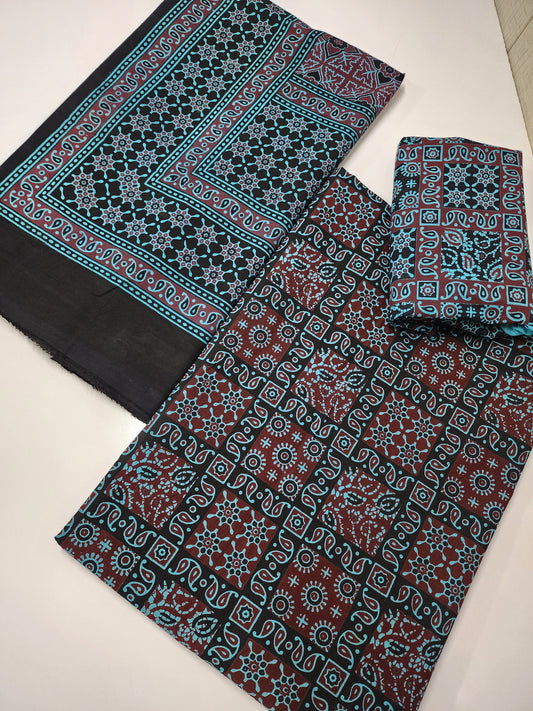 Ajrak Cotton 3 Piece Unstitched Suit Block Printed