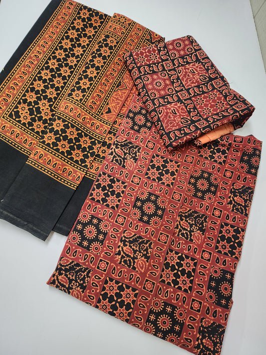 Ajrak Cotton 3 Piece Unstitched Suit Block Printed