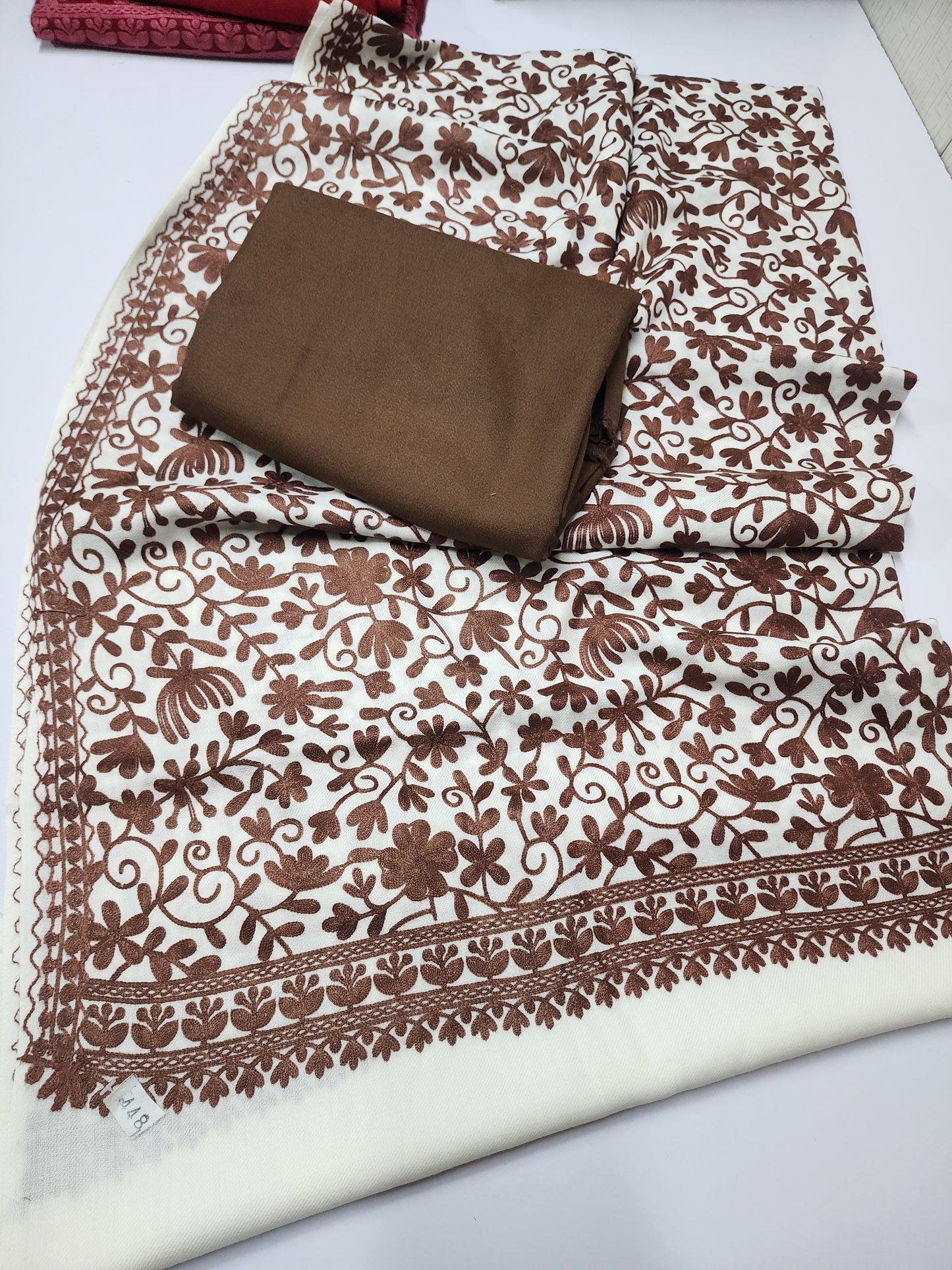 Pashmina 3 Piece Suit | Embroidered Shawl with Plain Suit Marina | Brown