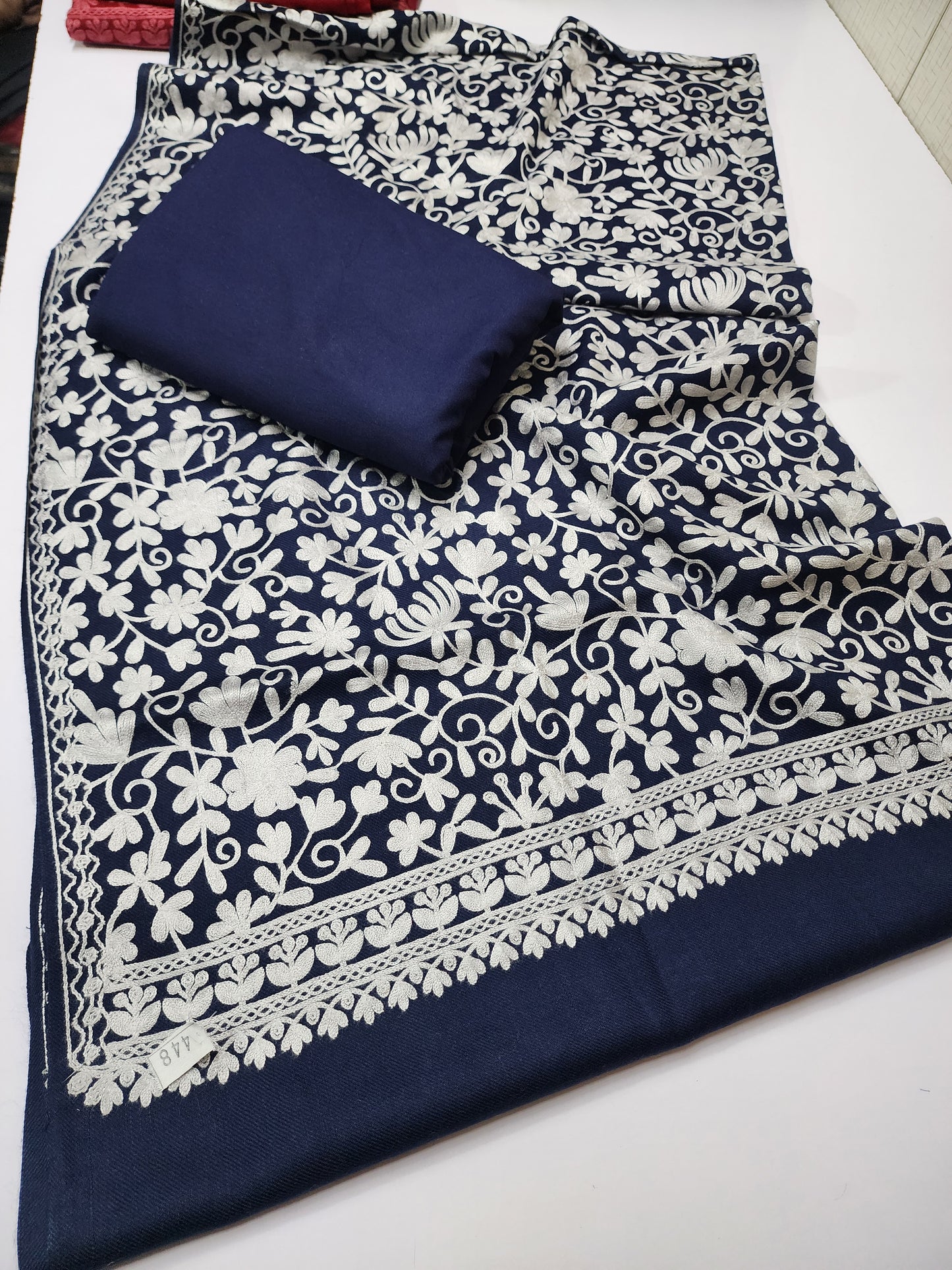 Pashmina 3 Piece Suit | Embroidered Shawl with Plain Suit Marina | Blue