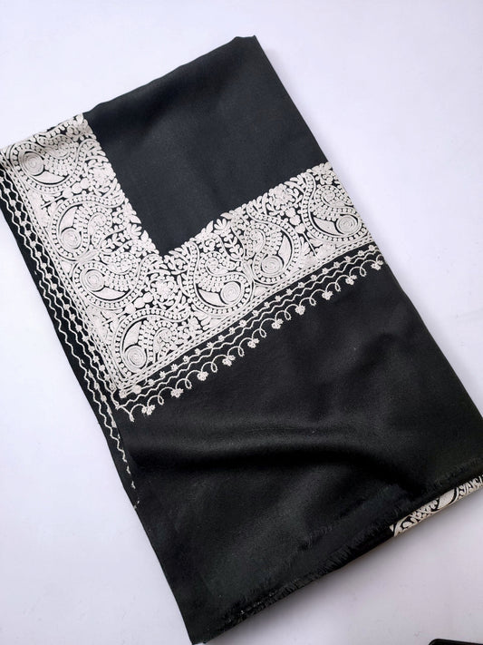 Pashmina Shawl | Black With White Wide Border Kashmiri Shawl on Sale