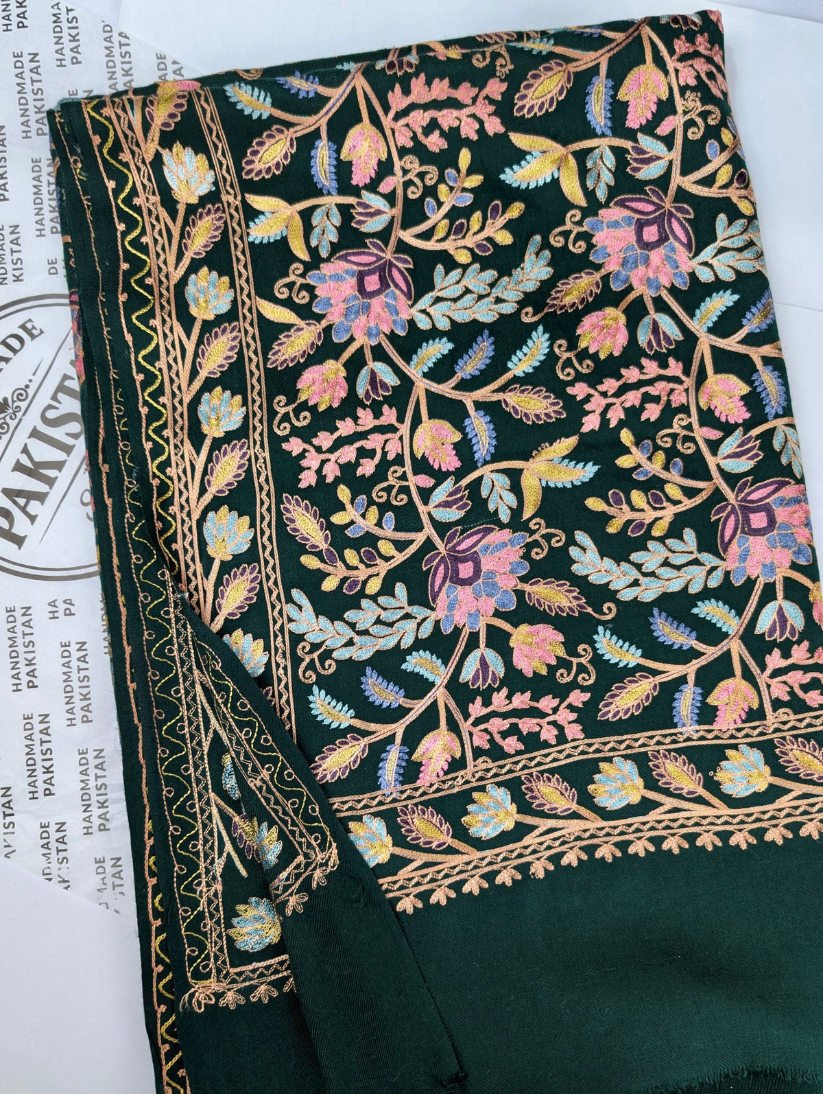 Kashmiri Jaal Shawl | Full Embroidered Shawl Resham Work Aar Embroidery | Green