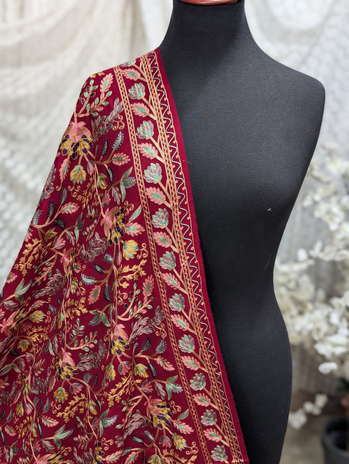 Kashmiri Jaal Shawl | Full Embroidered Shawl Resham Work Aar Embroidery | Maroon