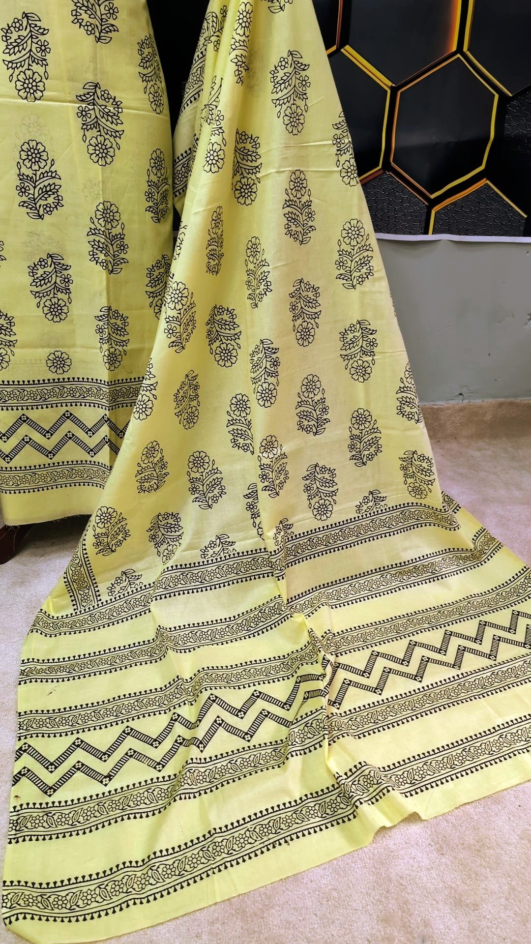 Hand Block Print Lawn 3 Piece Suit Ajrak Style Pure Lawn | Lemon