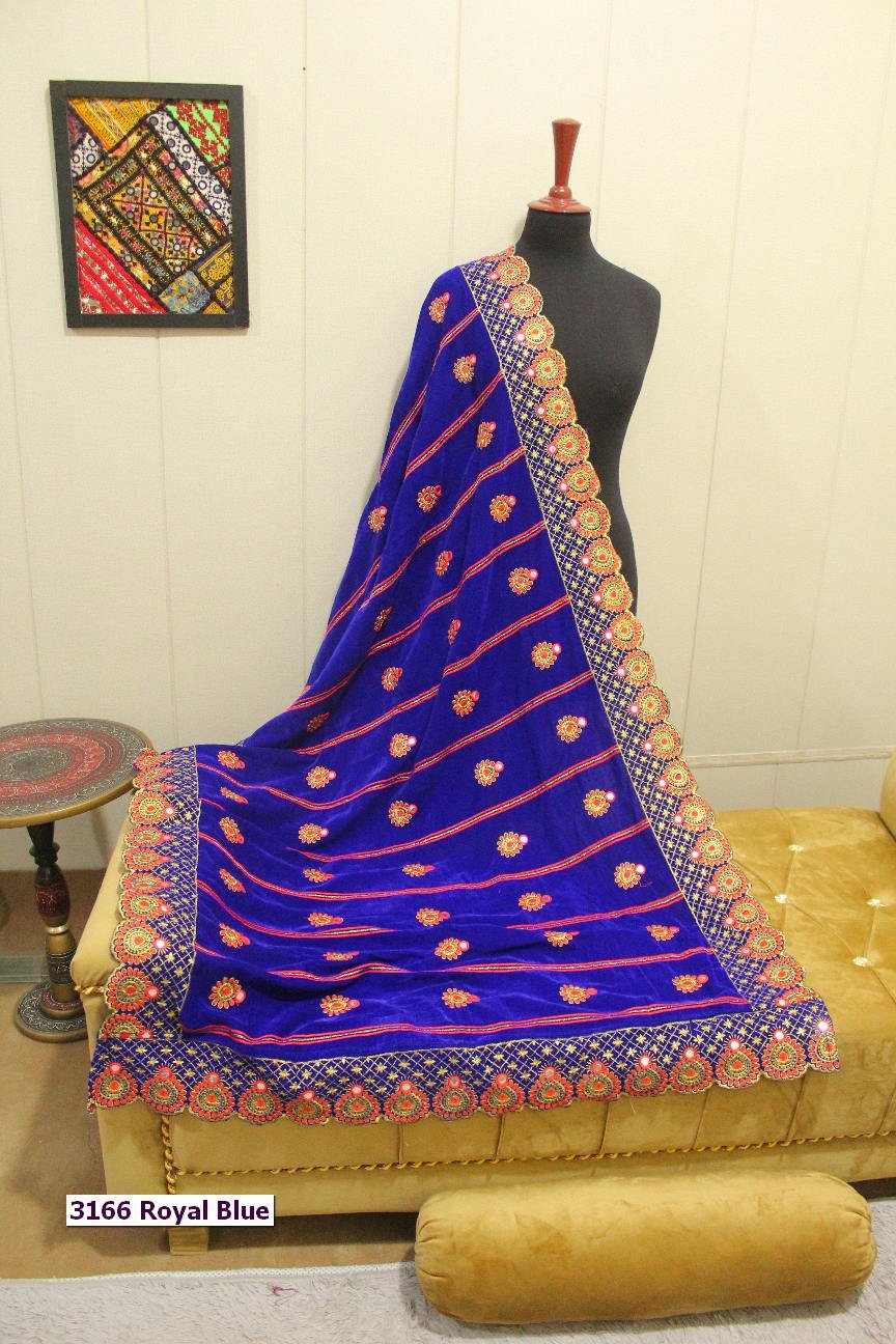 Royal Blue Velvet Embroidered Shawl