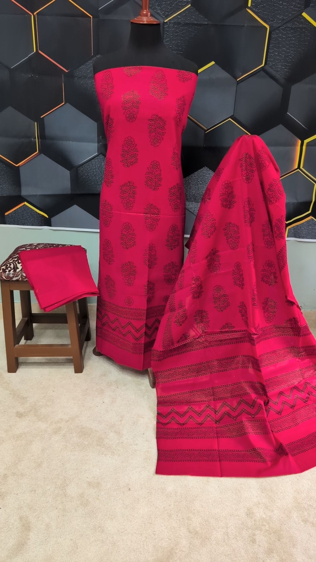 Hand Block Print Lawn 3 Piece Suit Ajrak Style Pure Lawn | Pink