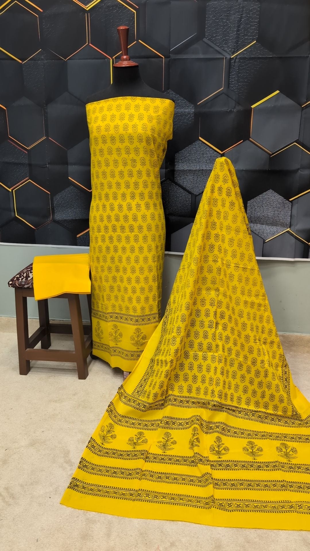 Hand Block Print Lawn 3 Piece Suit Ajrak Style Pure Lawn | Yellow