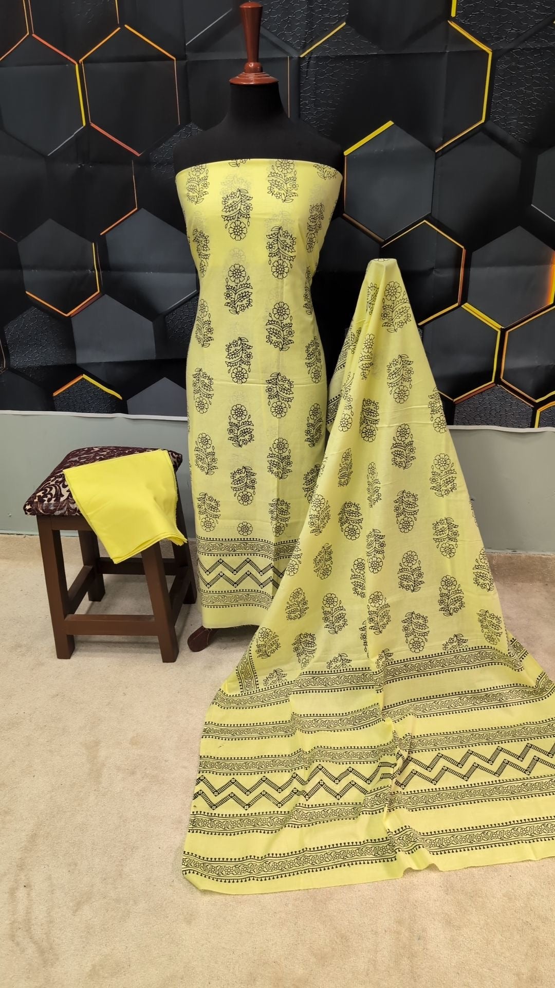 Hand Block Print Lawn 3 Piece Suit Ajrak Style Pure Lawn | Lemon