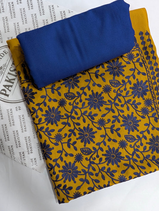 Pashmina 3 Piece Suit | Embroidered Shawl with Plain Suit Marina | Mustard With Blue