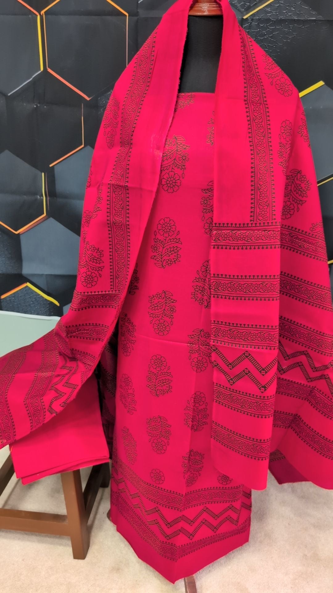 Hand Block Print Lawn 3 Piece Suit Ajrak Style Pure Lawn | Pink