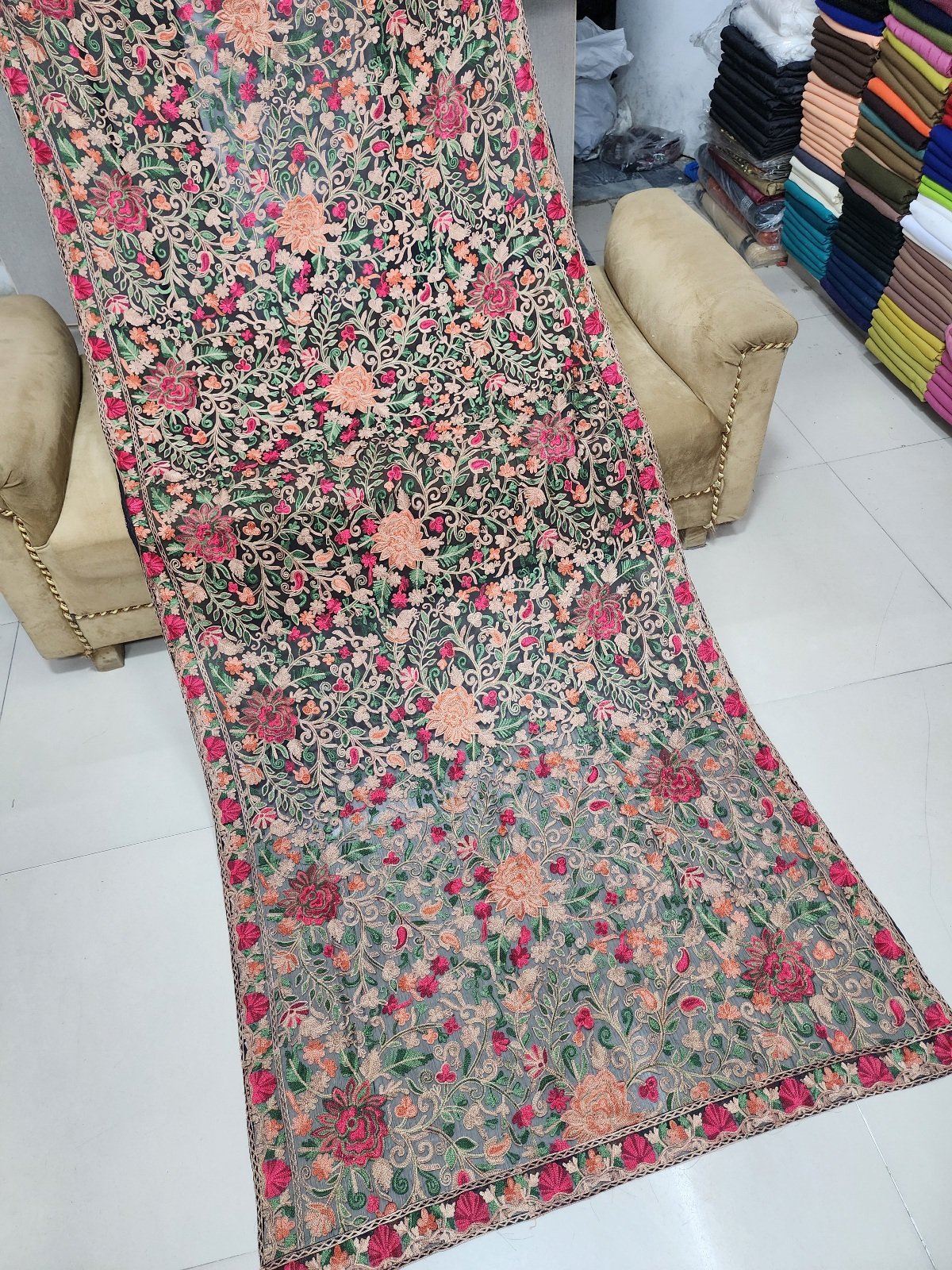 Crinkle Chiffon Aari Embroidered Dupatta Multi Color | Black