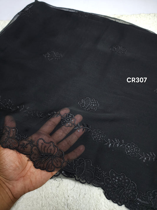 Black Crinkle Chiffon Cutwork Embroidered Dupatta | CR307