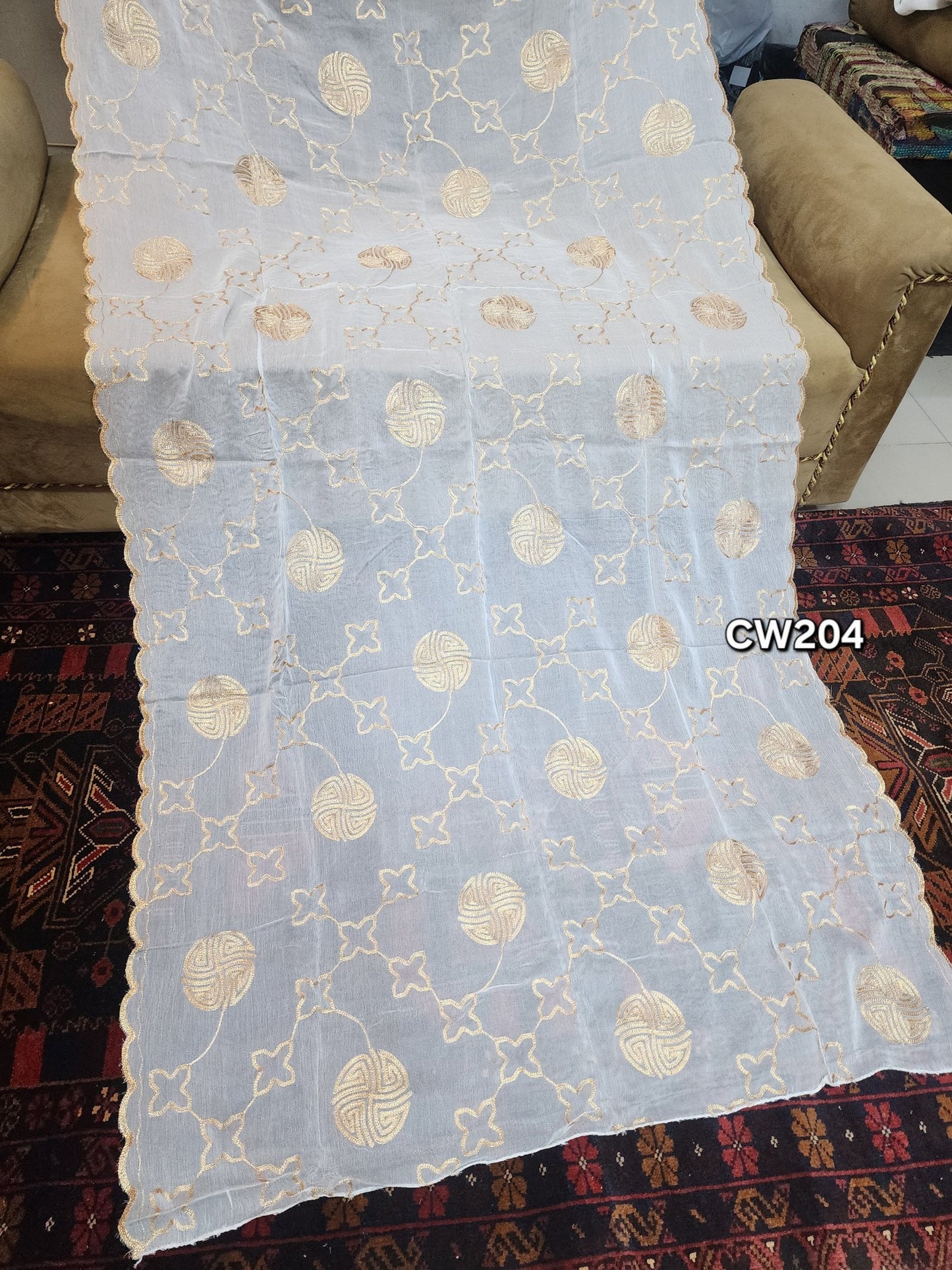 Fancy Cutwork Border Crinkle Chiffon Embroidered Dupatta | Dyeable