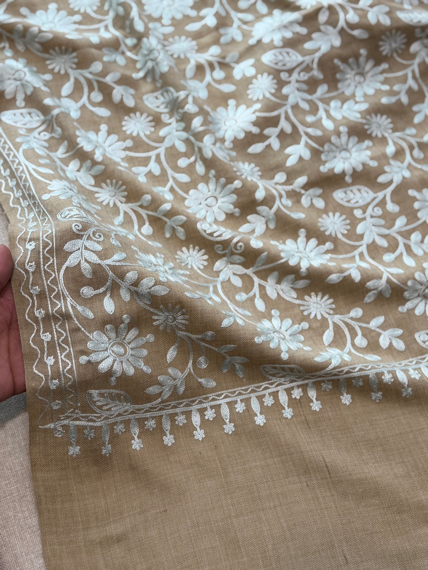 Skin With Silver Pashmina Embroidered Shawl | Kashmiri Aar Work Embroidery