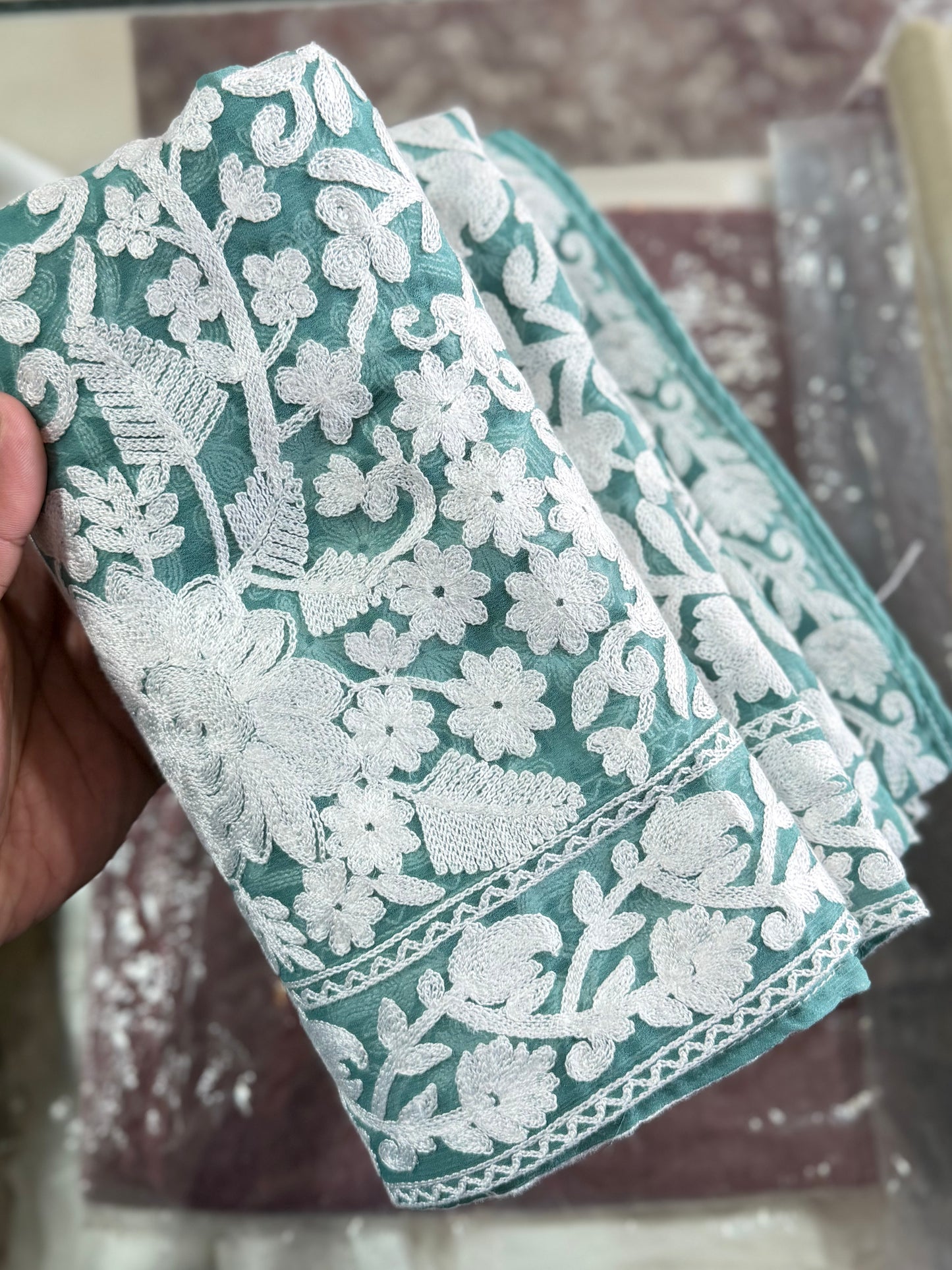 Crinkle Chiffon Kashmiri Gulabkar Embroidered Dupatta | Turquoise