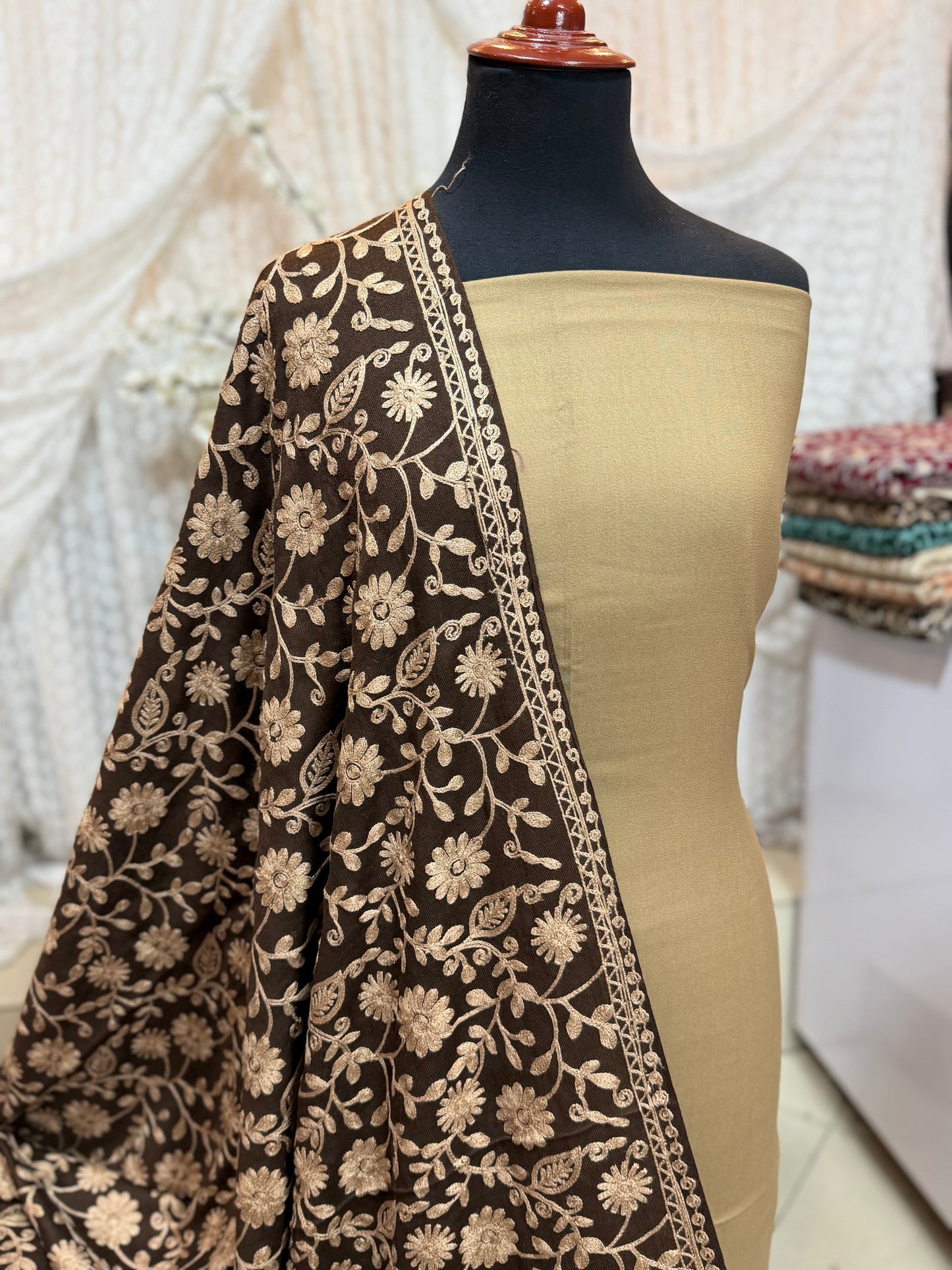 Pashmina 3 Piece Suit | Embroidered Shawl with Plain Suit Marina | Brown With Skin
