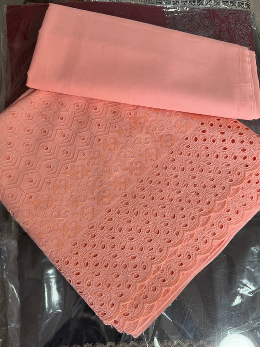 Chikankari Lawn 2 Piece Suit Daman Bore Long Length Suit | Peach Pink
