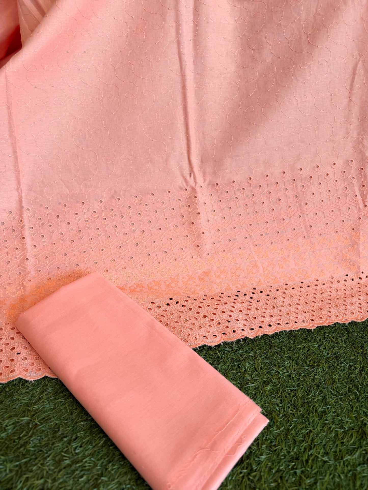 Chikankari Lawn 2 Piece Suit Daman Bore Long Length Suit | Peach Pink