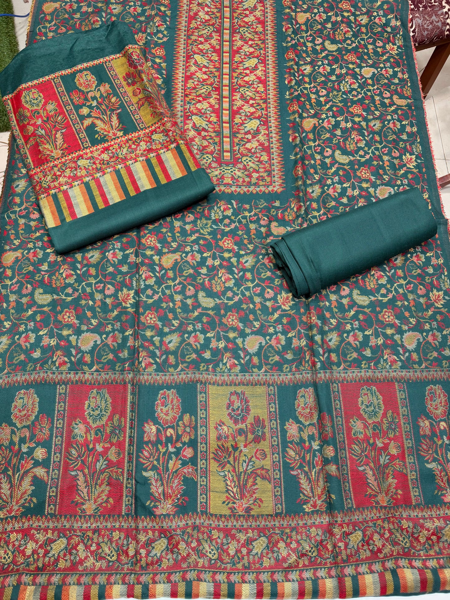 New Kani Pashmina Allover Design 3 Piece Unstitched Suit | Bottle Green