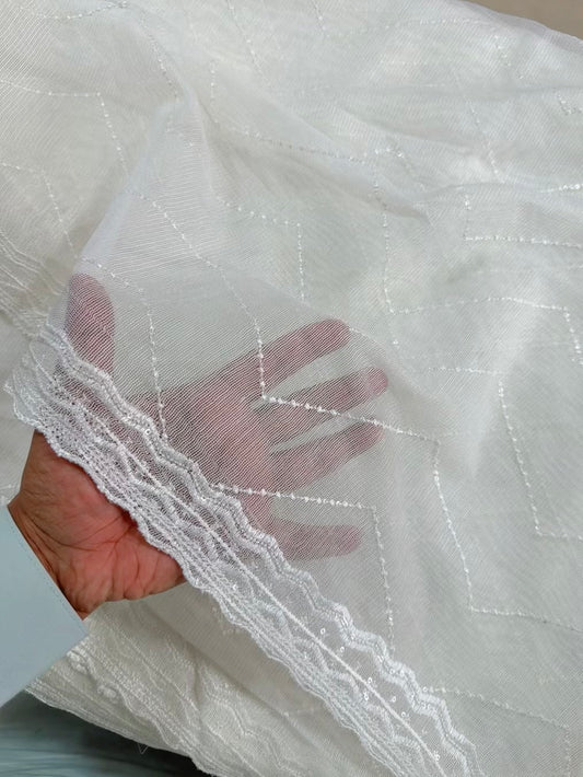 Cotton Net Embroidered Dupatta Border and Bouti Work