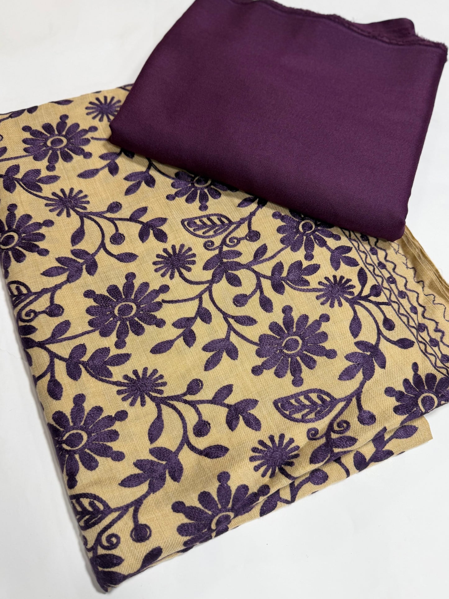 Pashmina 3 Piece Suit | Embroidered Shawl with Plain Suit Marina | Purple