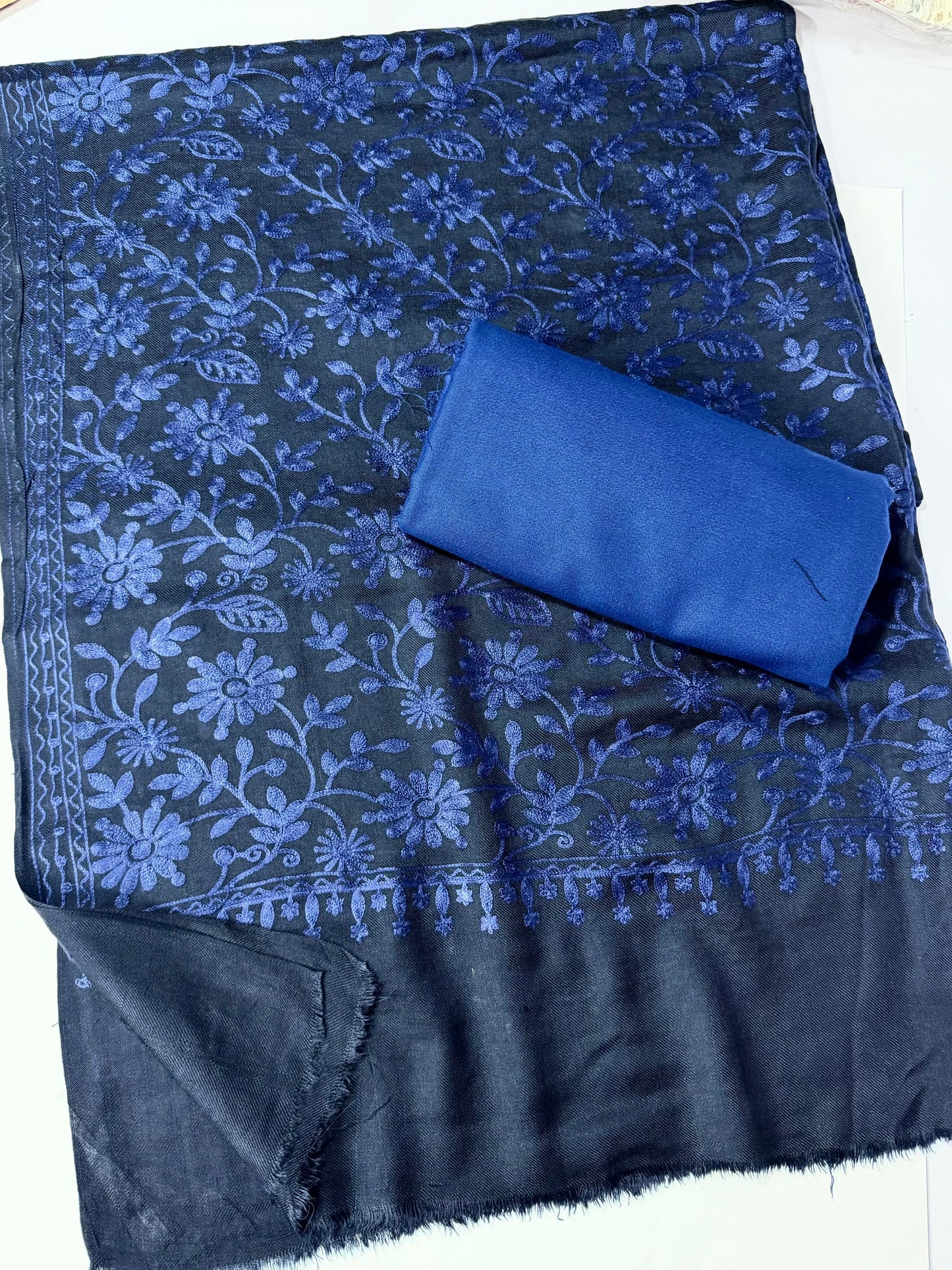 Pashmina 3 Piece Suit | Embroidered Shawl with Plain Suit Marina | Blue With Blue