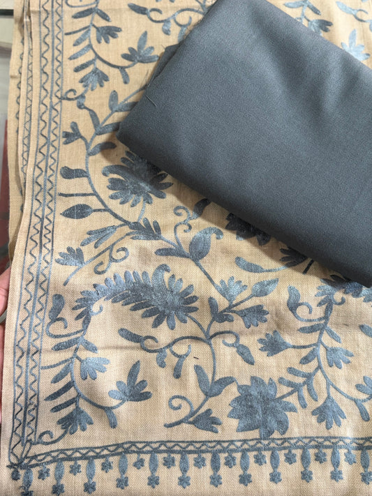 Pashmina 3 Piece Suit | Embroidered Shawl with Plain Suit Marina | Grey