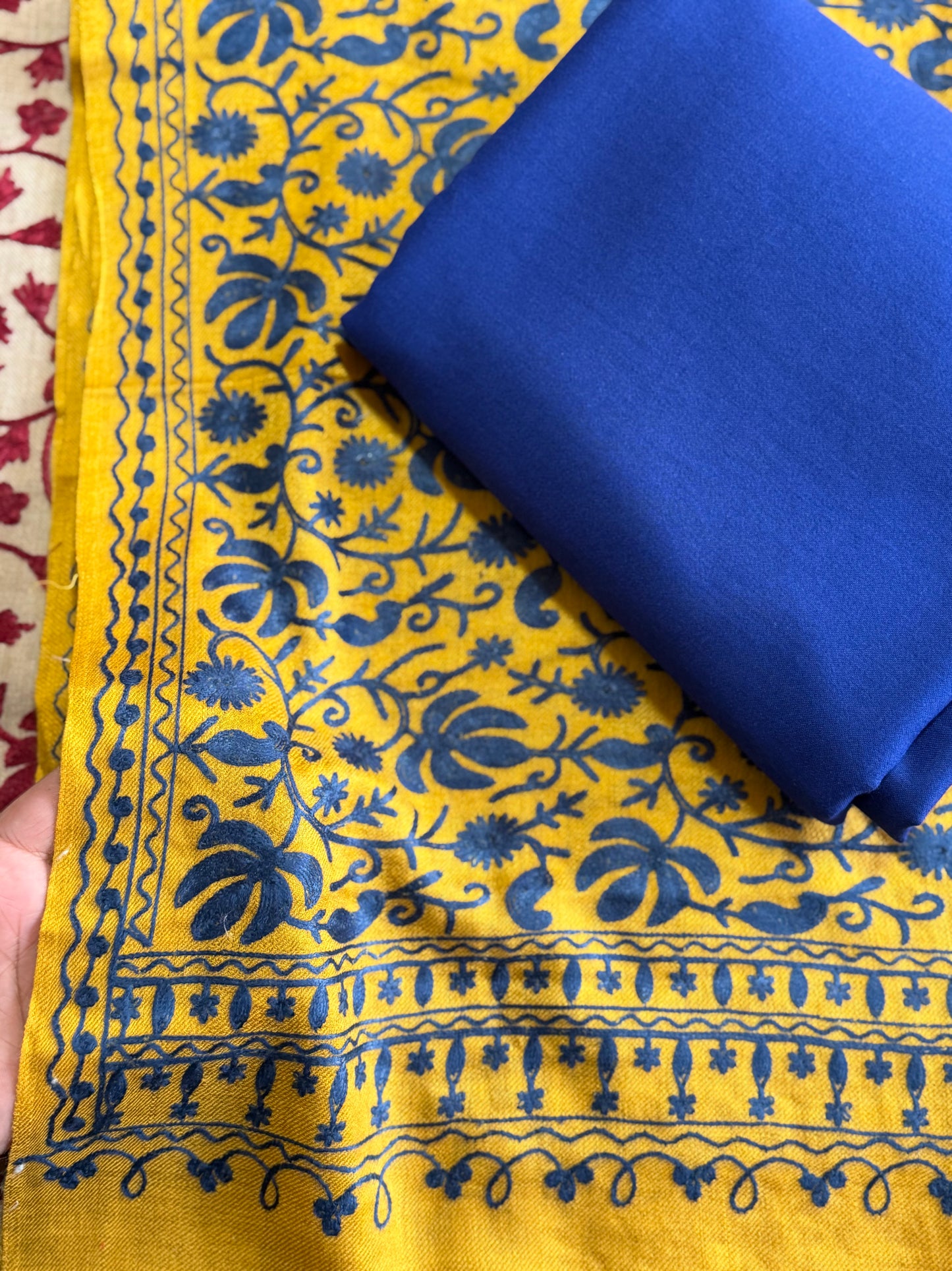 Pashmina 3 Piece Suit | Embroidered Shawl with Plain Suit Marina | Mustard With Blue