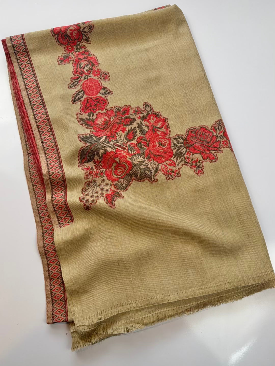 Pashmina Wool Kani Border Shawl in Full Size Gulabkar Border | Dark Skin