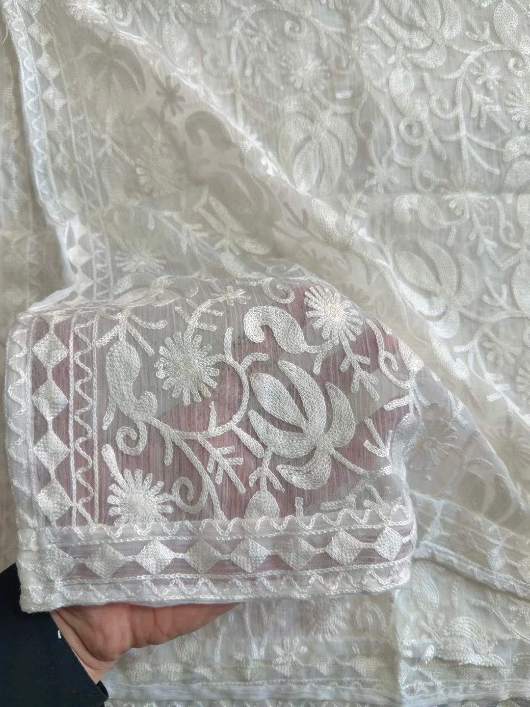 Crinkle Chiffon Kashmiri Jaal Embroidered Dupatta | White