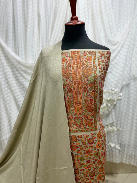 New Kani Pashmina Allover Design 3 Piece Unstitched Suit | Skin Grey