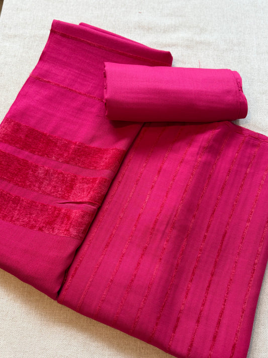 3 Piece Suit | Velvet Lining Marina Suit Allover With Shawl | Shocking Pink