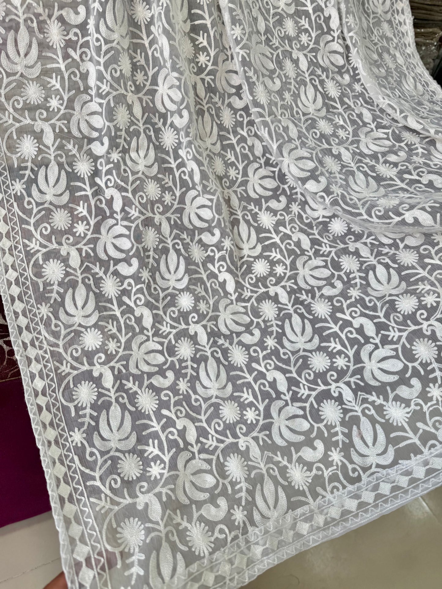 Crinkle Chiffon Embroidered Dupatta | White Flower Jaal