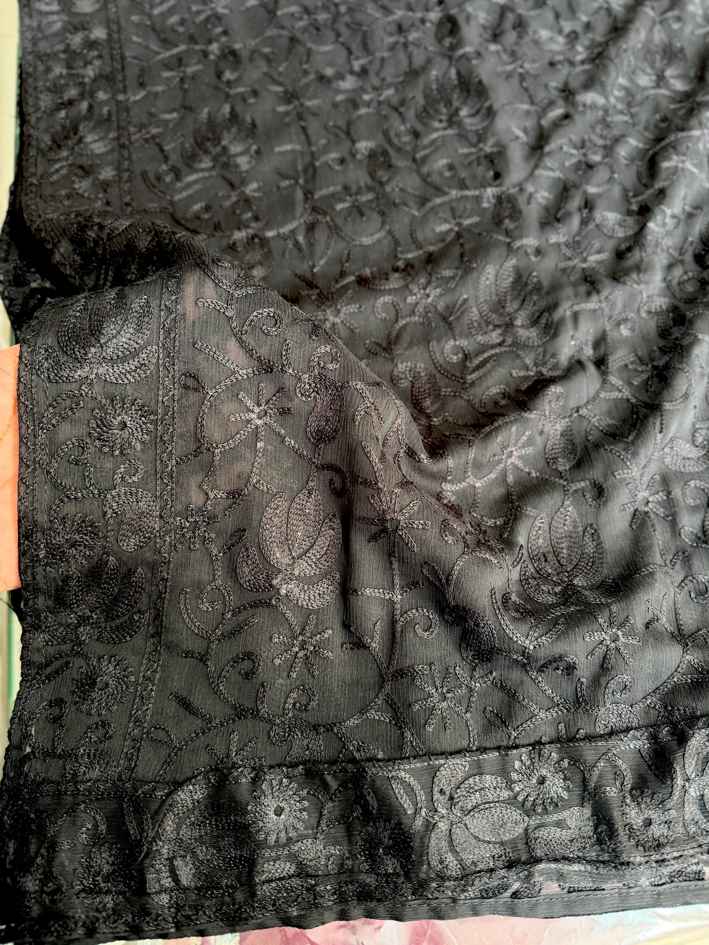 Crinkle Chiffon Kashmiri Jaal Embroidered Dupatta | Black