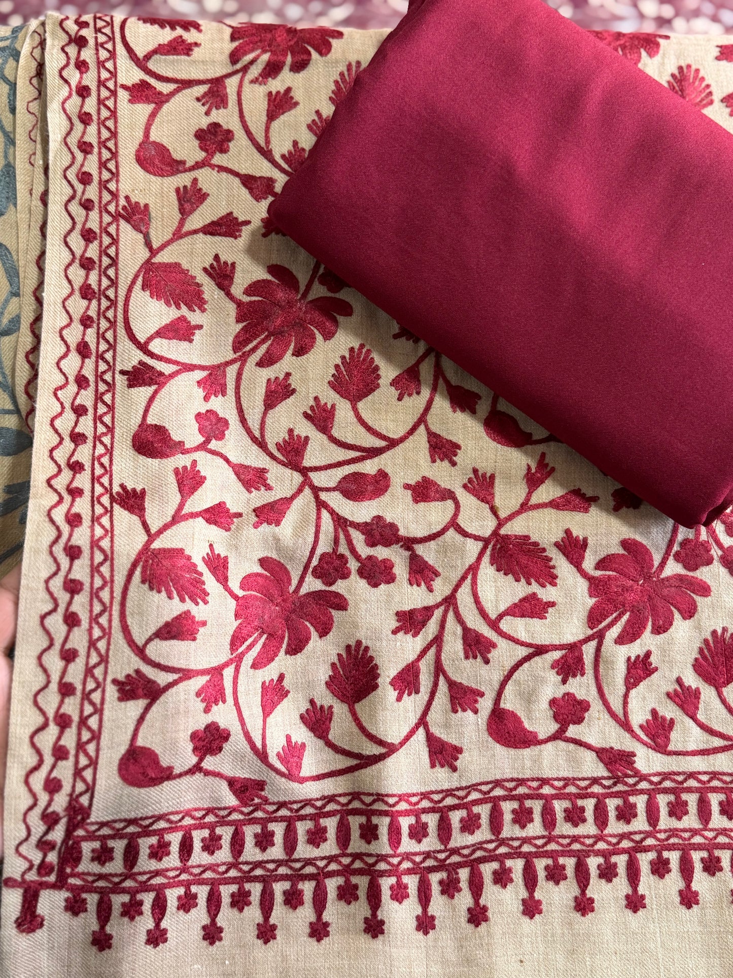 Pashmina 3 Piece Suit | Embroidered Shawl with Plain Suit Marina | Skin Maroon