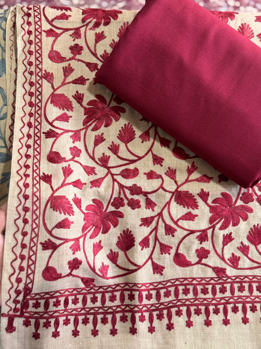 Pashmina 3 Piece Suit | Embroidered Shawl with Plain Suit Marina | Skin Maroon