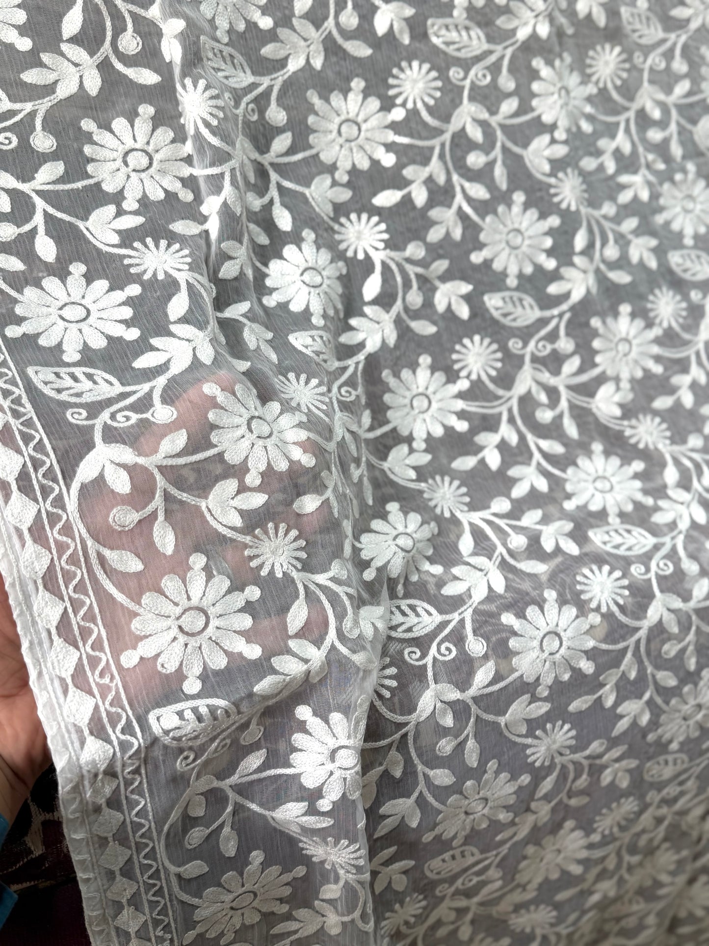 Crinkle Chiffon Embroidered Dupatta | White Flower Jaal