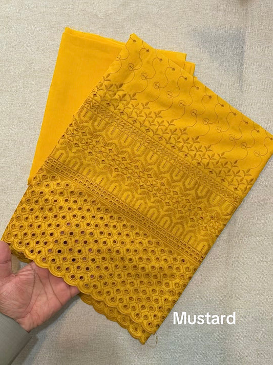 Chikankari Lawn 2 Piece Suit Daman Bore Long Length Suit | Mustard