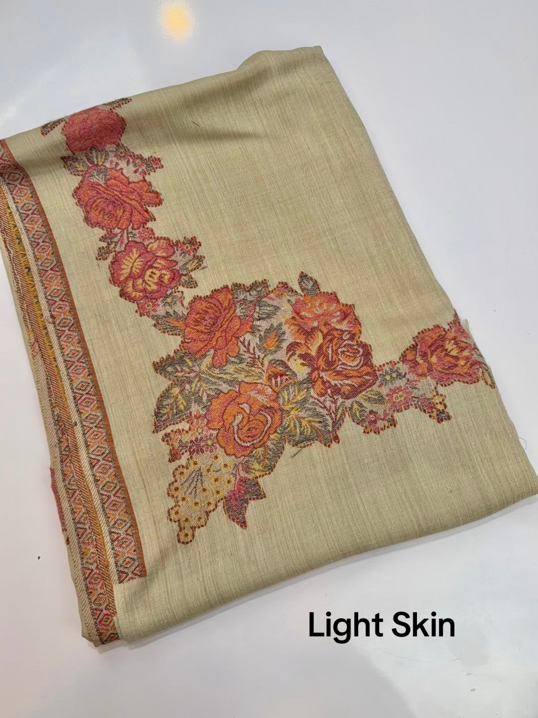 Pashmina Wool Kani Border Shawl in Full Size Gulabkar Border | Light Skin