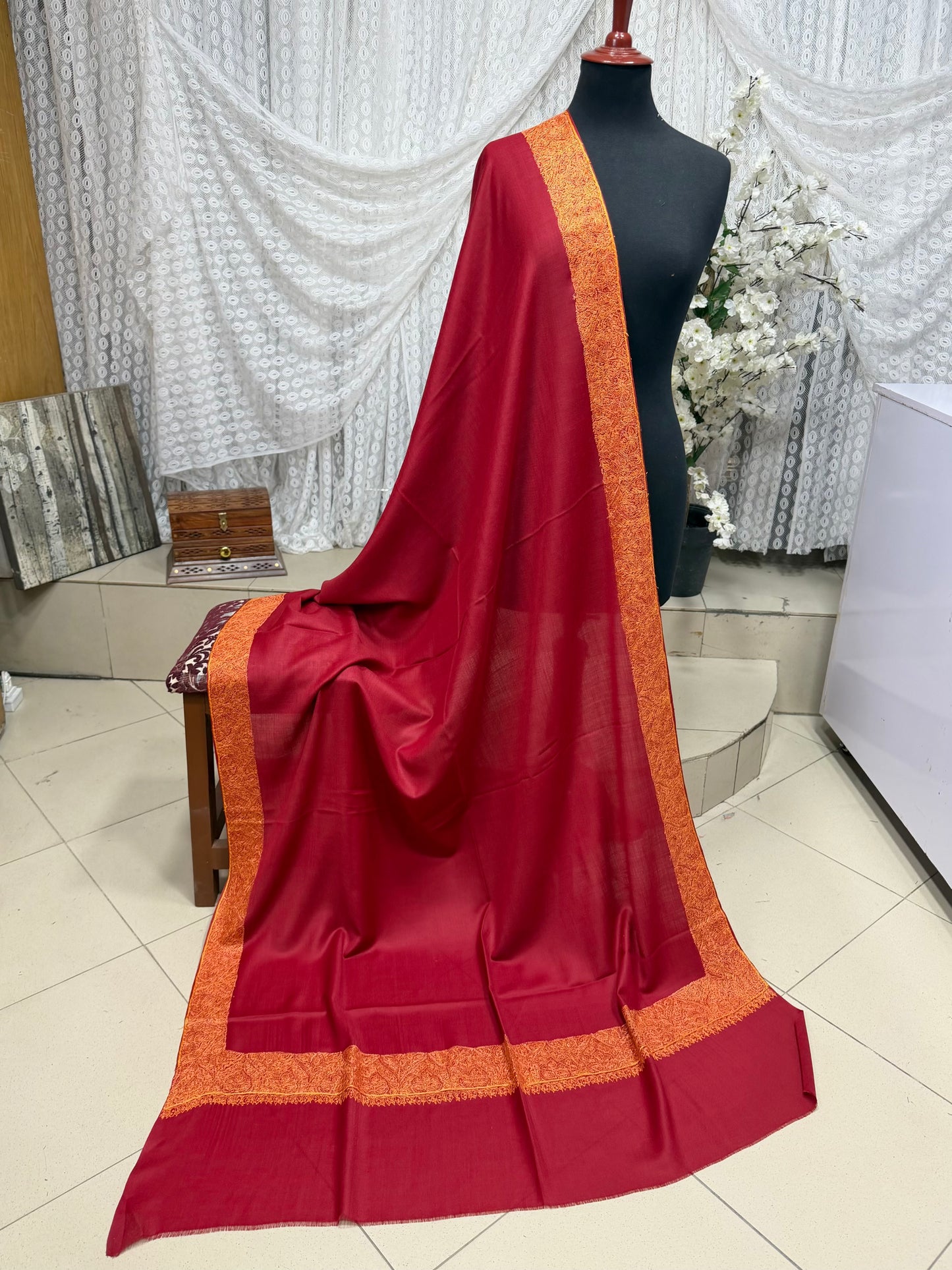 Kashmiri Shawl | Handmade Border Embroidery Made in Kashmir Pure Pashmina | Maroon