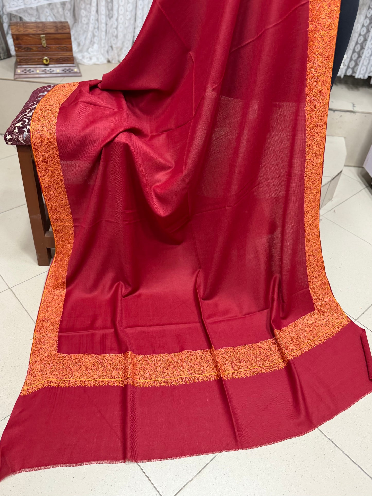 Kashmiri Shawl | Handmade Border Embroidery Made in Kashmir Pure Pashmina | Maroon