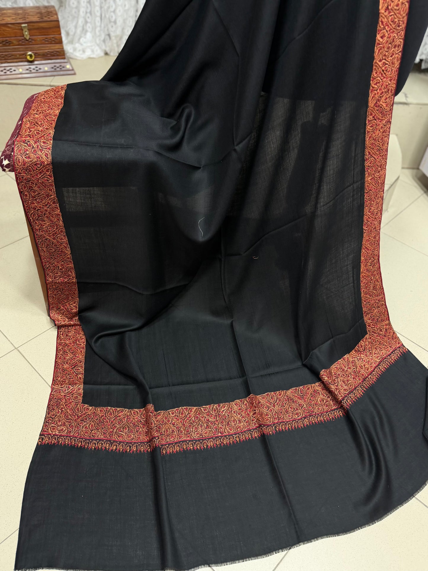 Kashmiri Shawl | Handmade Border Embroidery Made in Kashmir Pure Pashmina | Sea Green