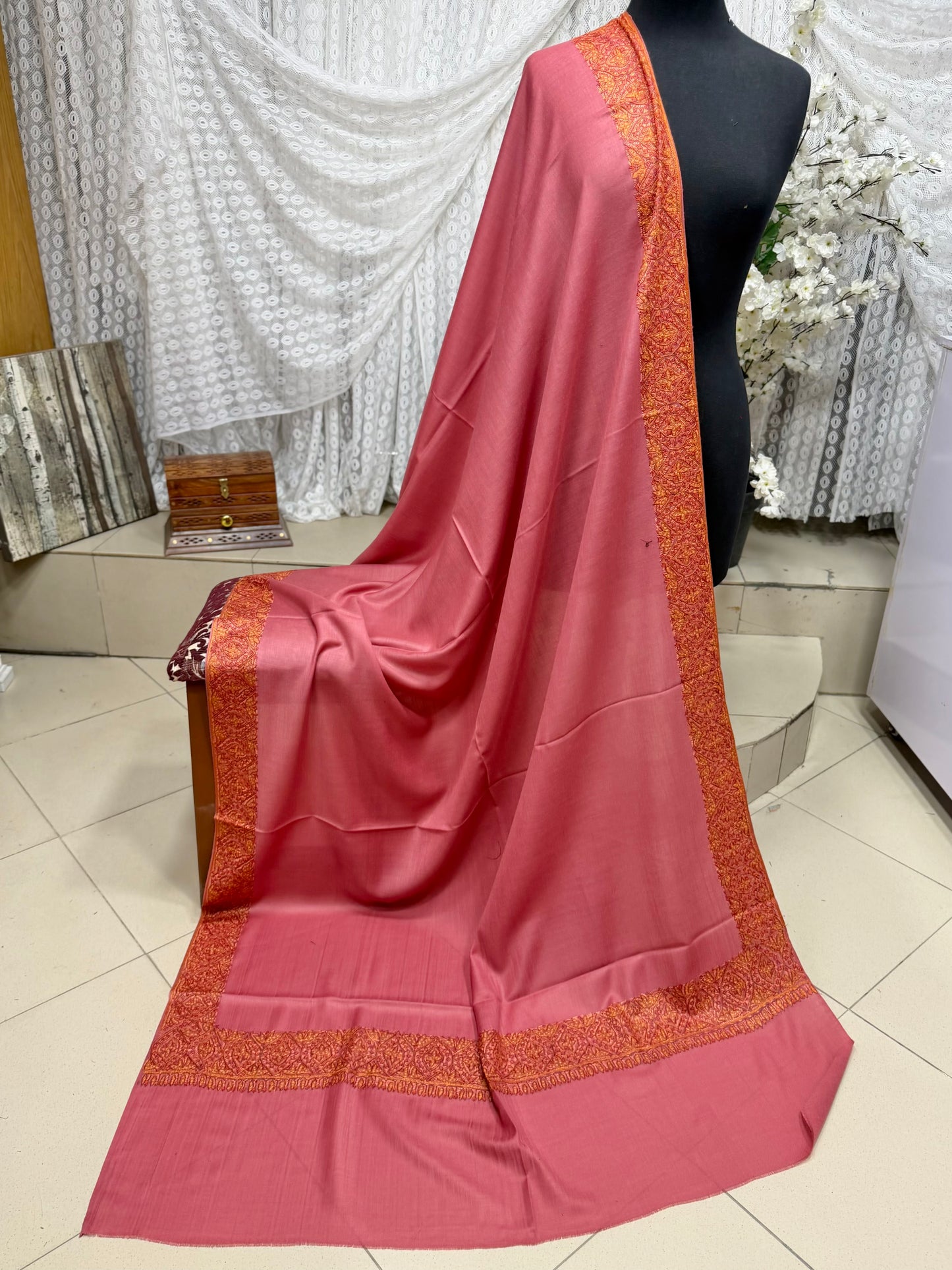 Kashmiri Shawl | Handmade Border Embroidery Made in Kashmir Pure Pashmina | Tea Pink