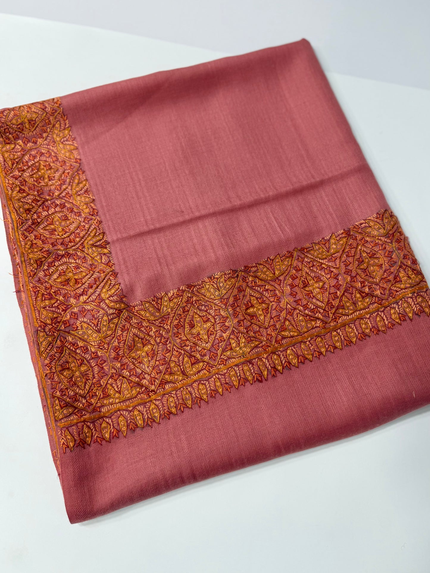 Kashmiri Shawl | Handmade Border Embroidery Made in Kashmir Pure Pashmina | Tea Pink