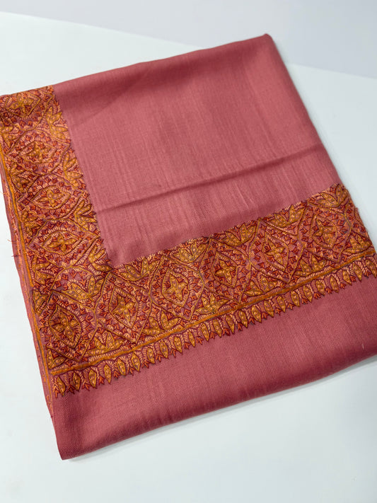 Kashmiri Shawl | Handmade Border Embroidery Made in Kashmir Pure Pashmina | Tea Pink