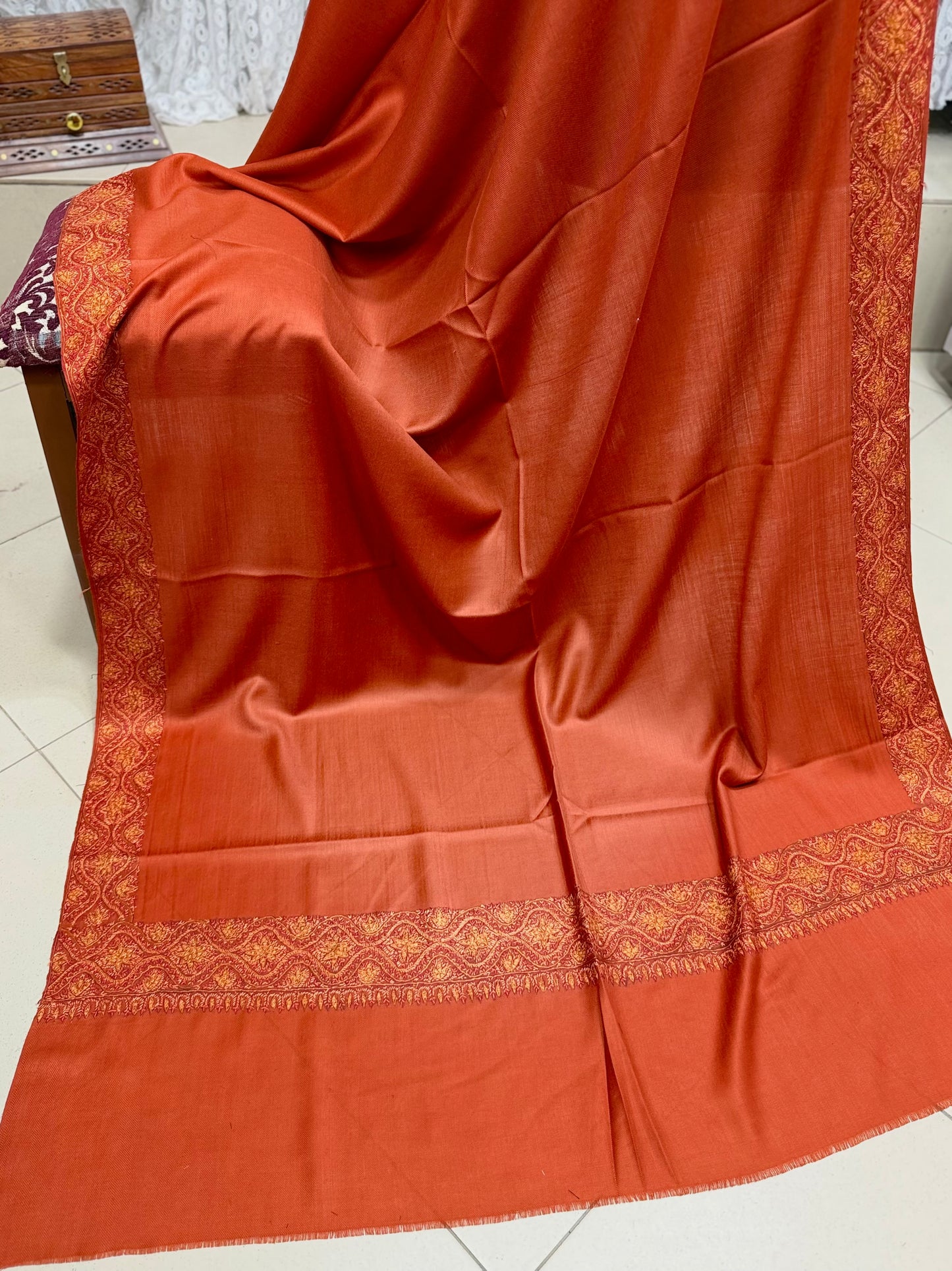 Kashmiri Shawl | Handmade Border Embroidery Made in Kashmir Pure Pashmina | Rust