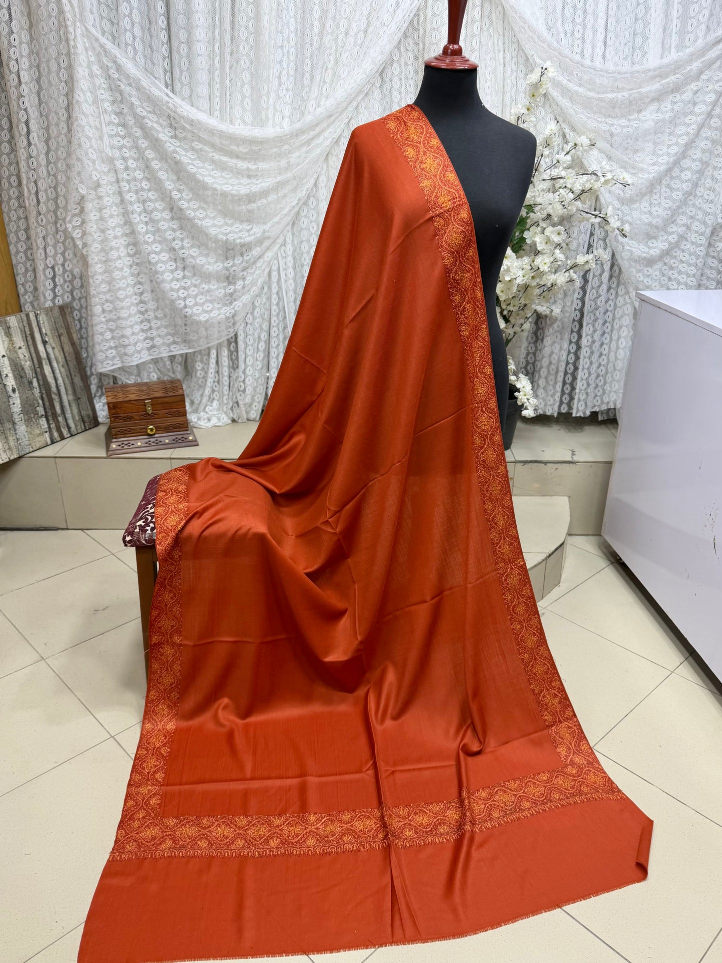 Kashmiri Shawl | Handmade Border Embroidery Made in Kashmir Pure Pashmina | Rust