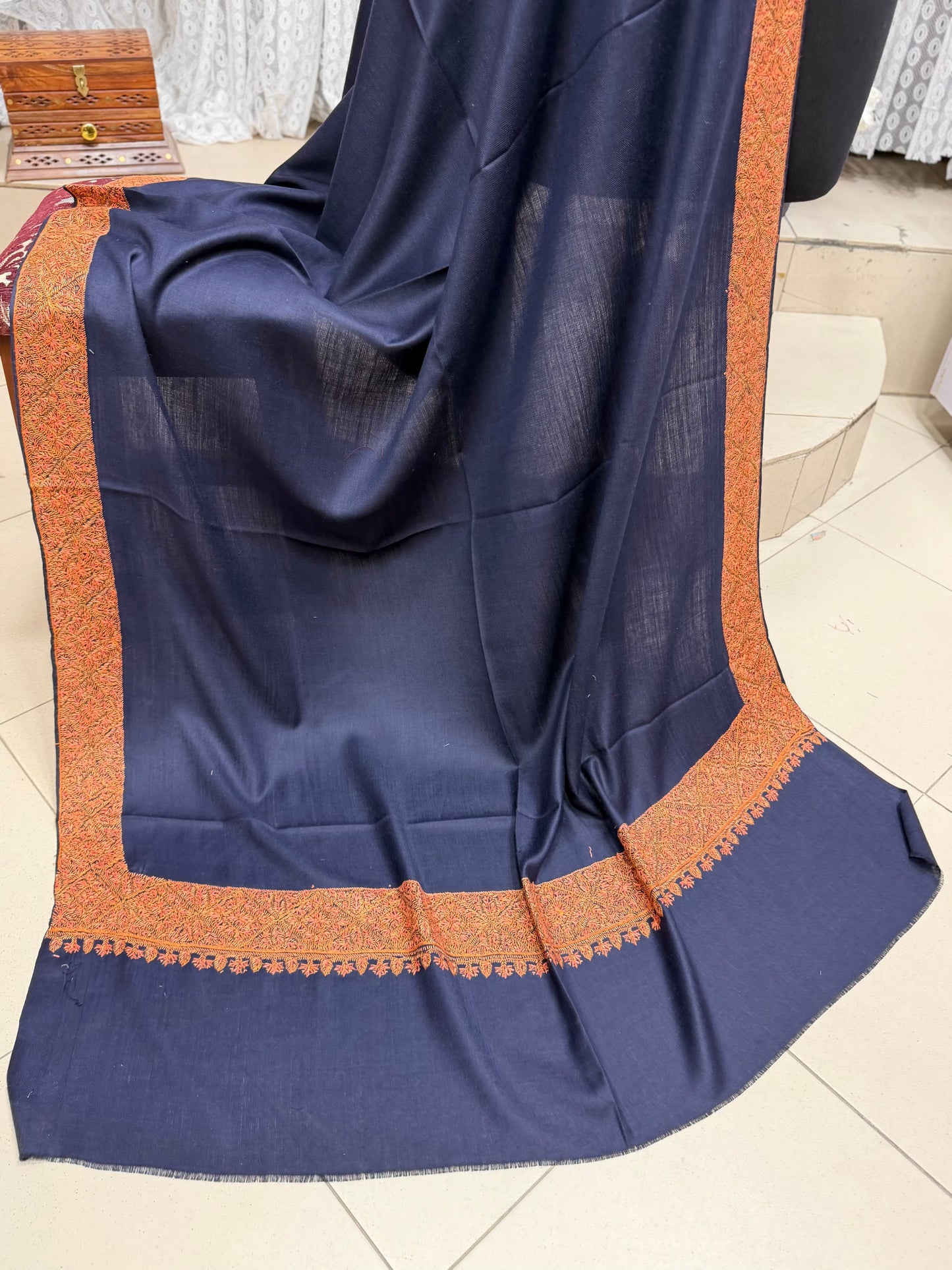 Kashmiri Shawl | Handmade Border Embroidery Made in Kashmir Pure Pashmina | Navy Blue